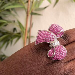 Park Lane Pink Silver tone Hope Ring, Clear and ruby pink crystal ribbon bow